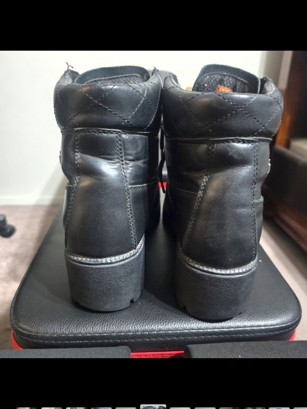 Harley-Davidson Black Lace-Up Quilted Collar Leather Boots - Picture 3 of 7